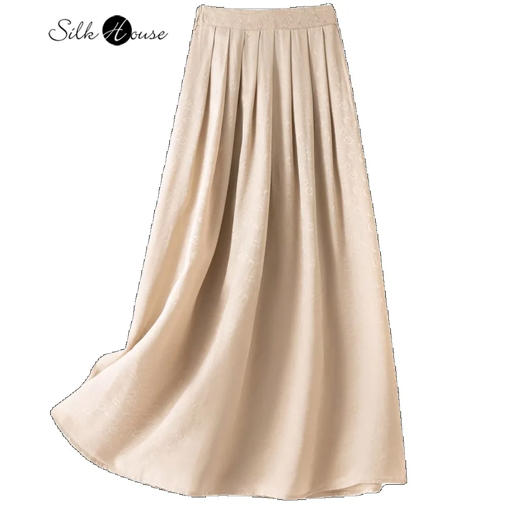 2024 Women's Fashion Spring New 100%Natural Mulberry Silk HuaLuo Light Luxury Temperament Breathable Pleated Skirt