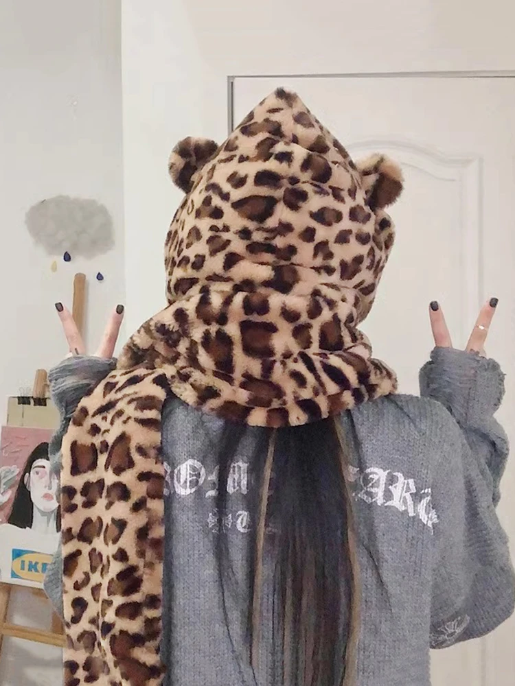 国内で当店のみ CFIERCE - CUTIE LEOPARD HOODED SCARF CFIERCE Spot Knot Scarf Hat Street Sle ex Polyester Winter