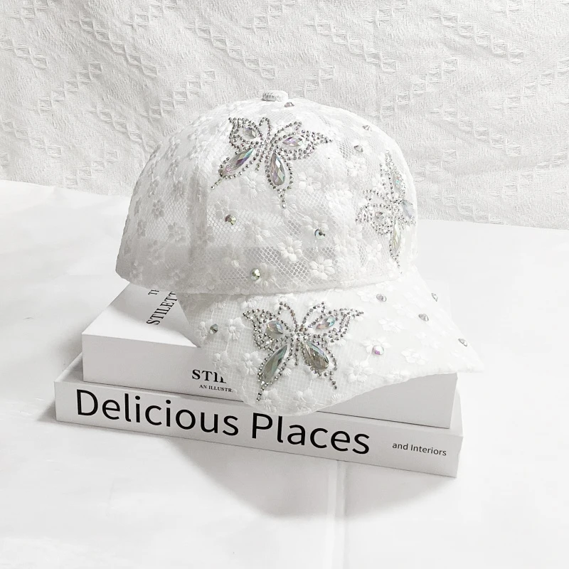 

Бейсболка с кружевными цветами, Кепка-Утконос с бабочкой и бриллиантами, стандартная Кепка, Солнцезащитная шляпа, дышащая Солнцезащитная шляпа