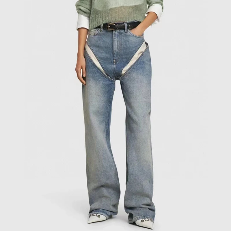 

Clash of colours wide-legged trousers Fashion high-quality ladies trousers 2023 new autumn and winter washed splicing jeans y2k