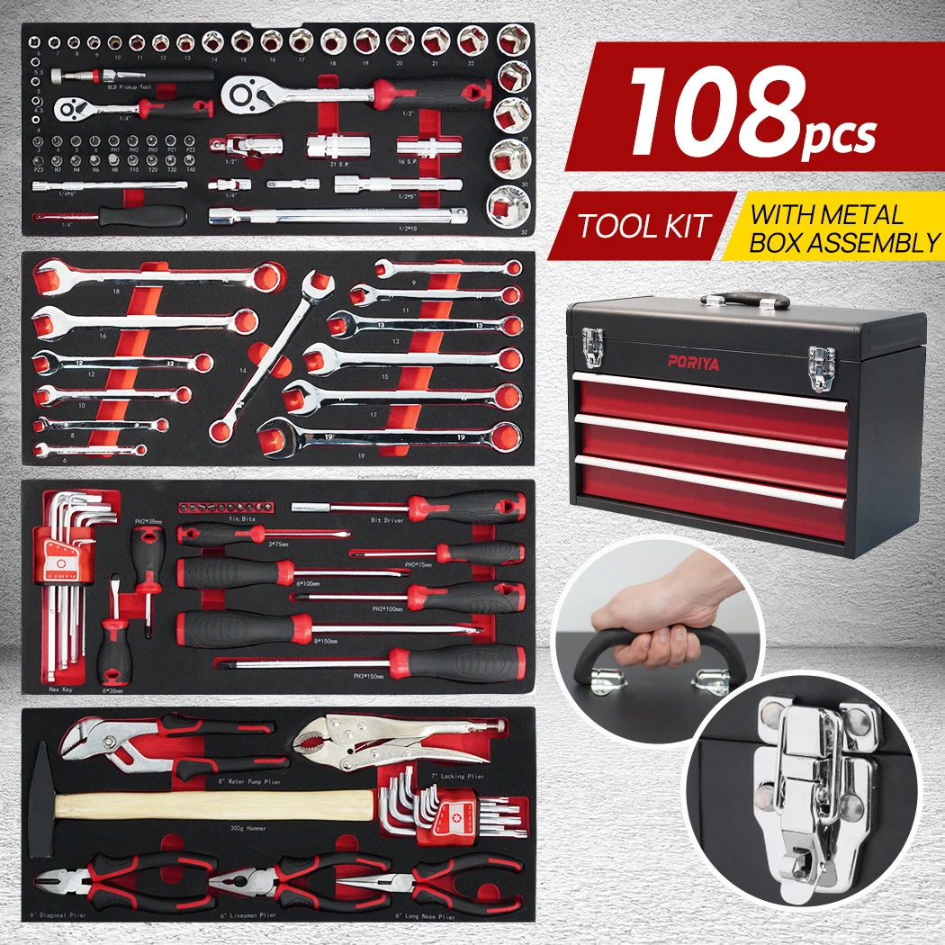 PORIYA 112pcs Tool Box Trolley Tool Set Portable Tool Kit DIY Hand Tool Set
