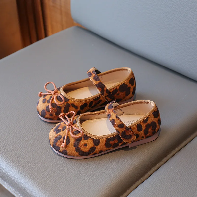 Kids Baby Girls Shoes Fashion Vintage Leopard Print Flat Single Shoes Cute Princess Ballet Mary Janes Shoes Anti-slip Large Size 3