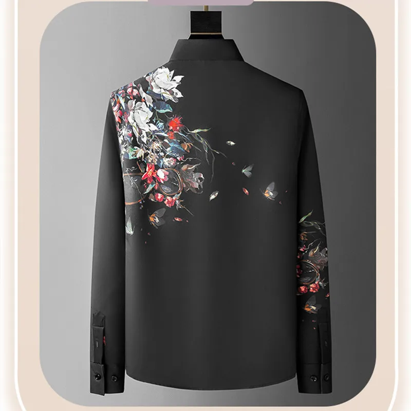 Men New High-quality Shirt Butterfly Floral Print Rhindiamondfall Sense Non-ironing Business Leisure Commuting Daily Top