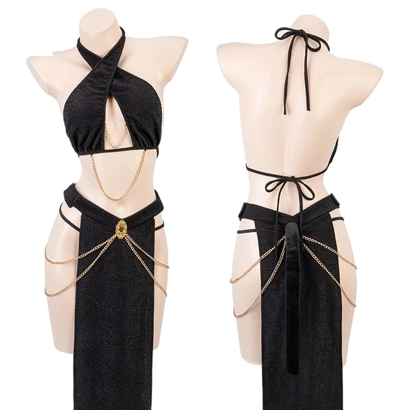 

Medieval Ancient Egypt Queen Costume for Adult Women cat girl Black Cute Cat Ear Uniform Suit Game Party Chain Sexy Lingerie Set