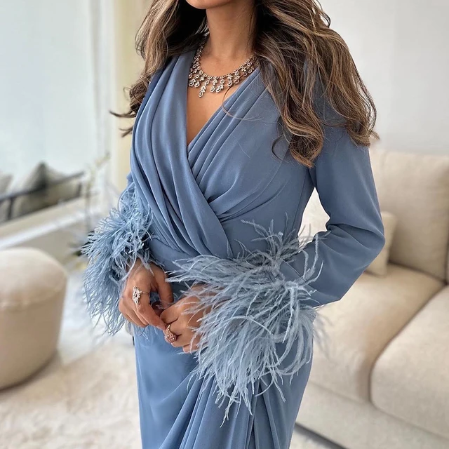 Customized  Jersey Straight Feathers Evening Dress V-Neck Floor Length Long Sleeves Side Slit Panel Train Vestidos para 2