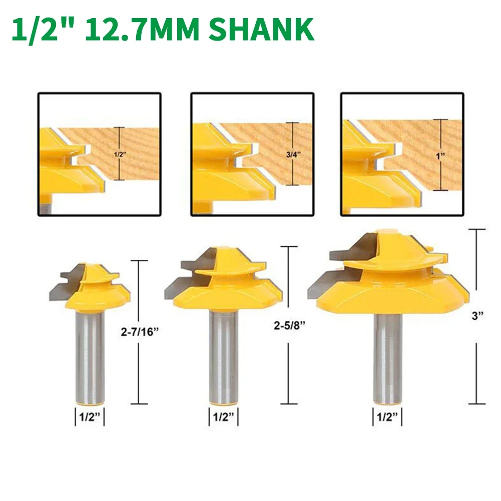 

3PC/Set 1/2" 12.7MM Shank Milling Cutter Wood Carving 45 Degree Glue Joint Router Bits Glue Joint Set Woodworking Tenon Cutter