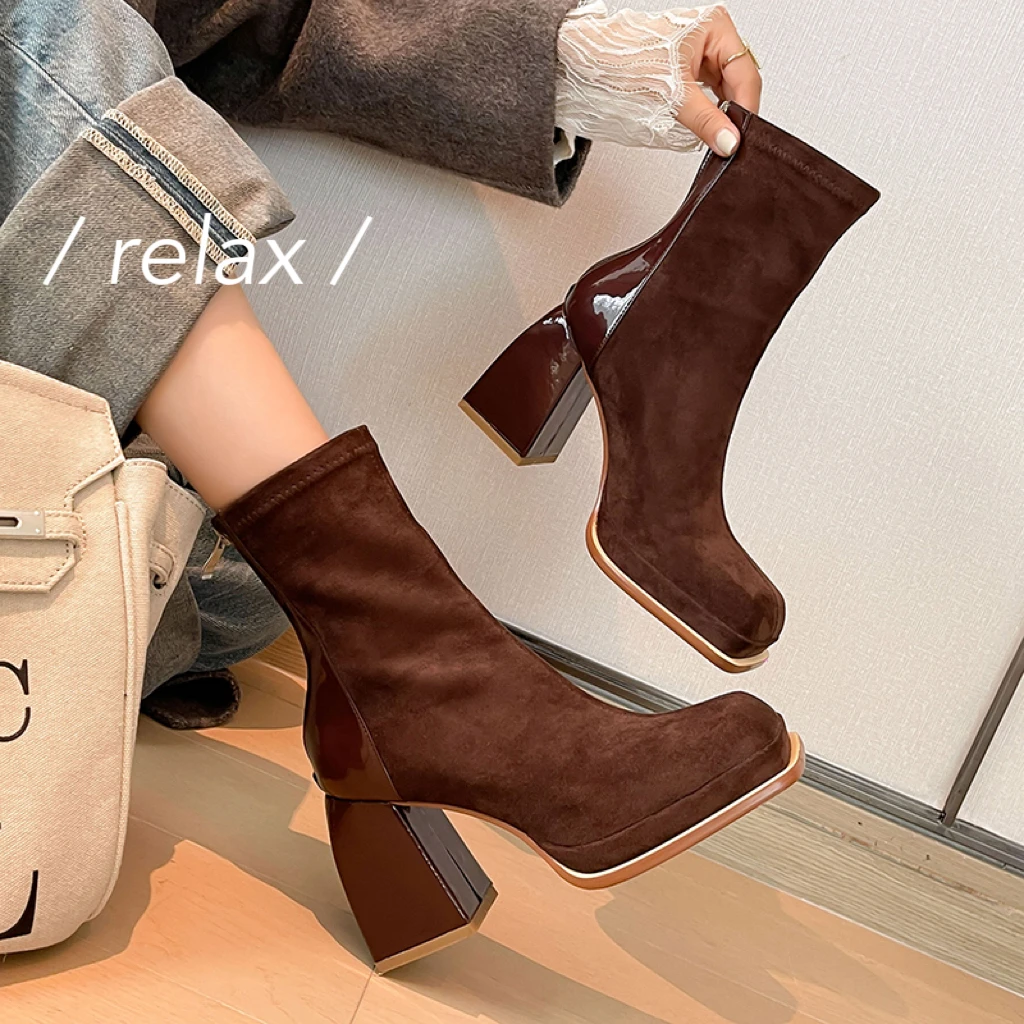 

2023 new Autumn winter Women ankle boots 22-25cm cpwhide+Elastic flock+pigskin modern boots square toe back zip skinny boots