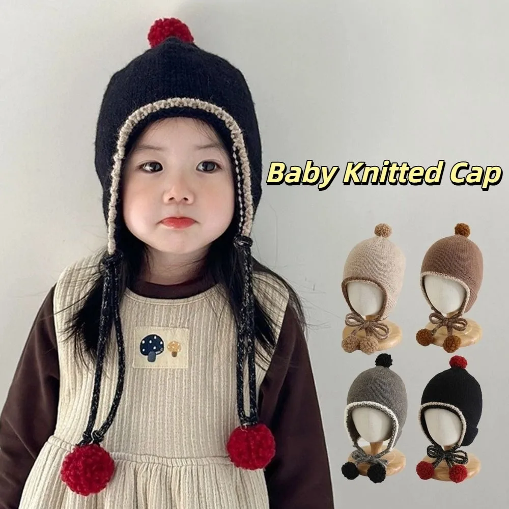 Korean Winter Baby Knitted Cap Tassel Bobbles Baby Beanie Cap Warm Thick Ear Protection Hat Kids