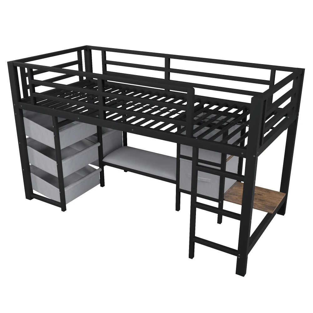 Schwarzes Metall-Halbhochbett 90x200cm Multifunktional Platzsparend mit Sitzkissen Stoffbezug LED-Beleuchtung Kleiderhakenbereich – Detail 10