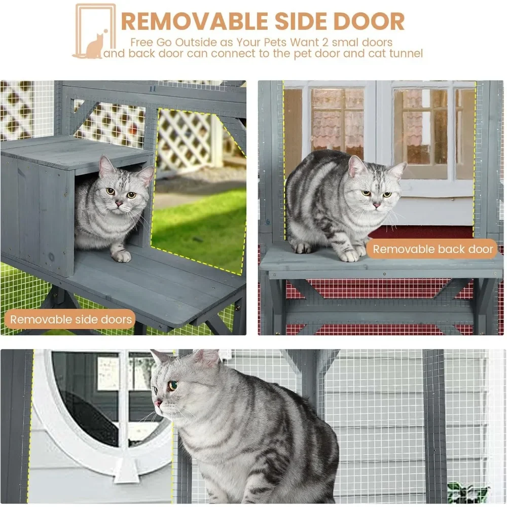 Outdoor Cat House with Weatherproof Roof，Large Catio Cat Enclosure for Multiple Cats Life Walks in Cage & Run