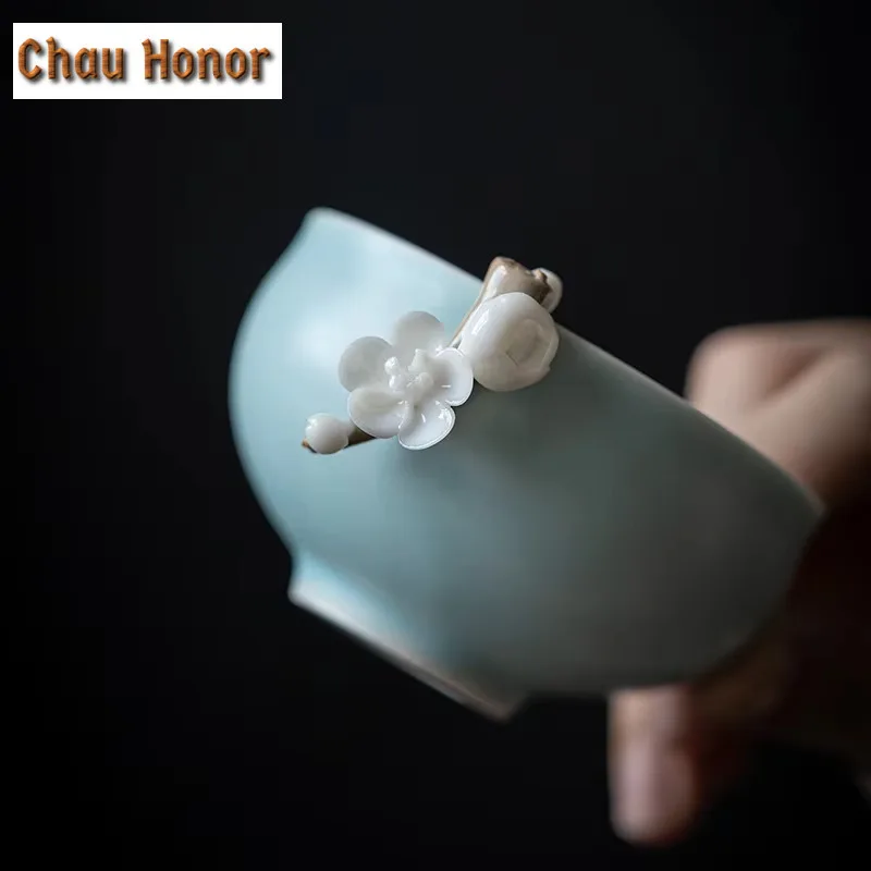 Handmade Sky Blue Ru Kiln Ceramic Tea Cup Hand Pinch Flower Bud Porcelain Master Cup Antique Customization Tea Bowl Gift Box