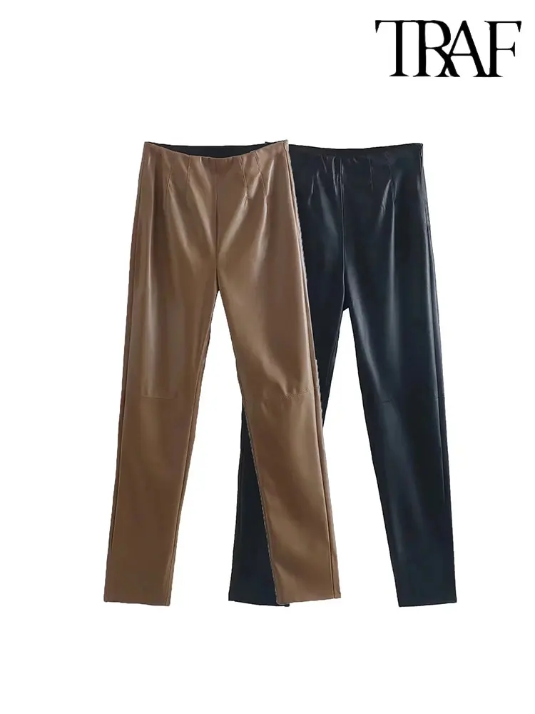 

TRAF 2023 Fashion Autumn Winter Women High High Waisted Faux Leather Trousers Lady PU Zippers Skinny Stretch Pencil Pants