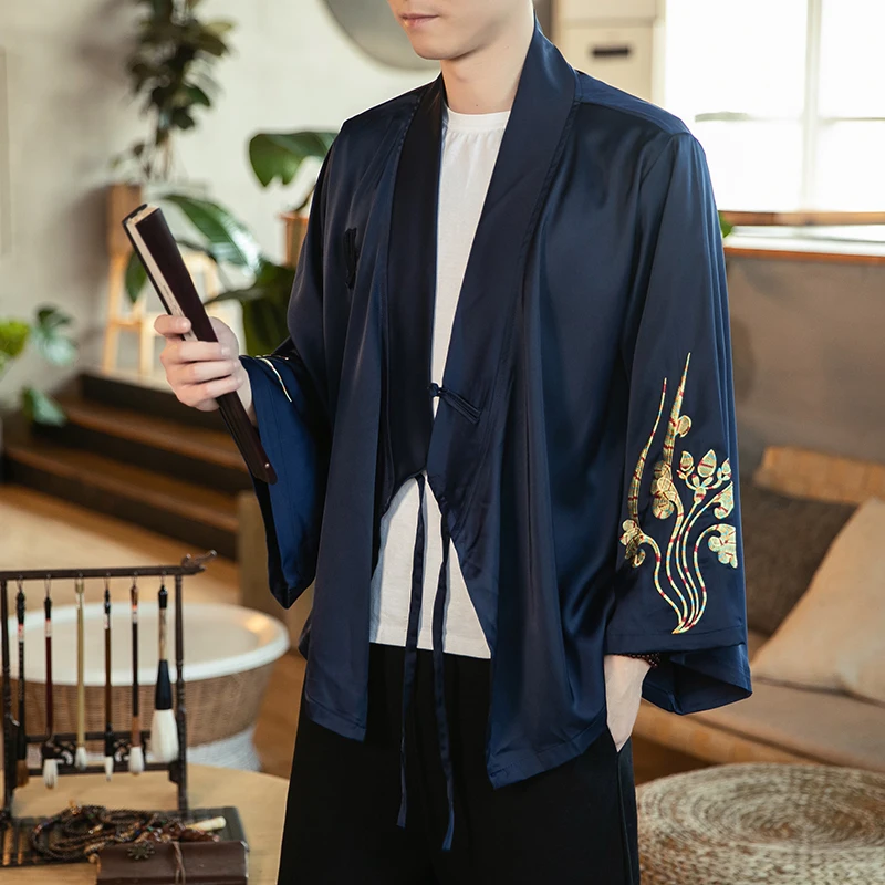 Haute Hanfu 남성용 중국 스타일 빈티지 탑, 시니시즘 탱 슈트, 다도 캐주얼 가디건 케이프 코트, 가을