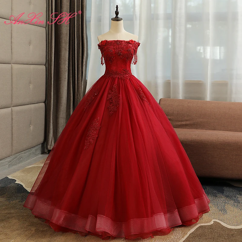 

AnXin SH vintage wine red lace beading crystal rose flower sleeveless boat neck bride black ball gown princess evening dress