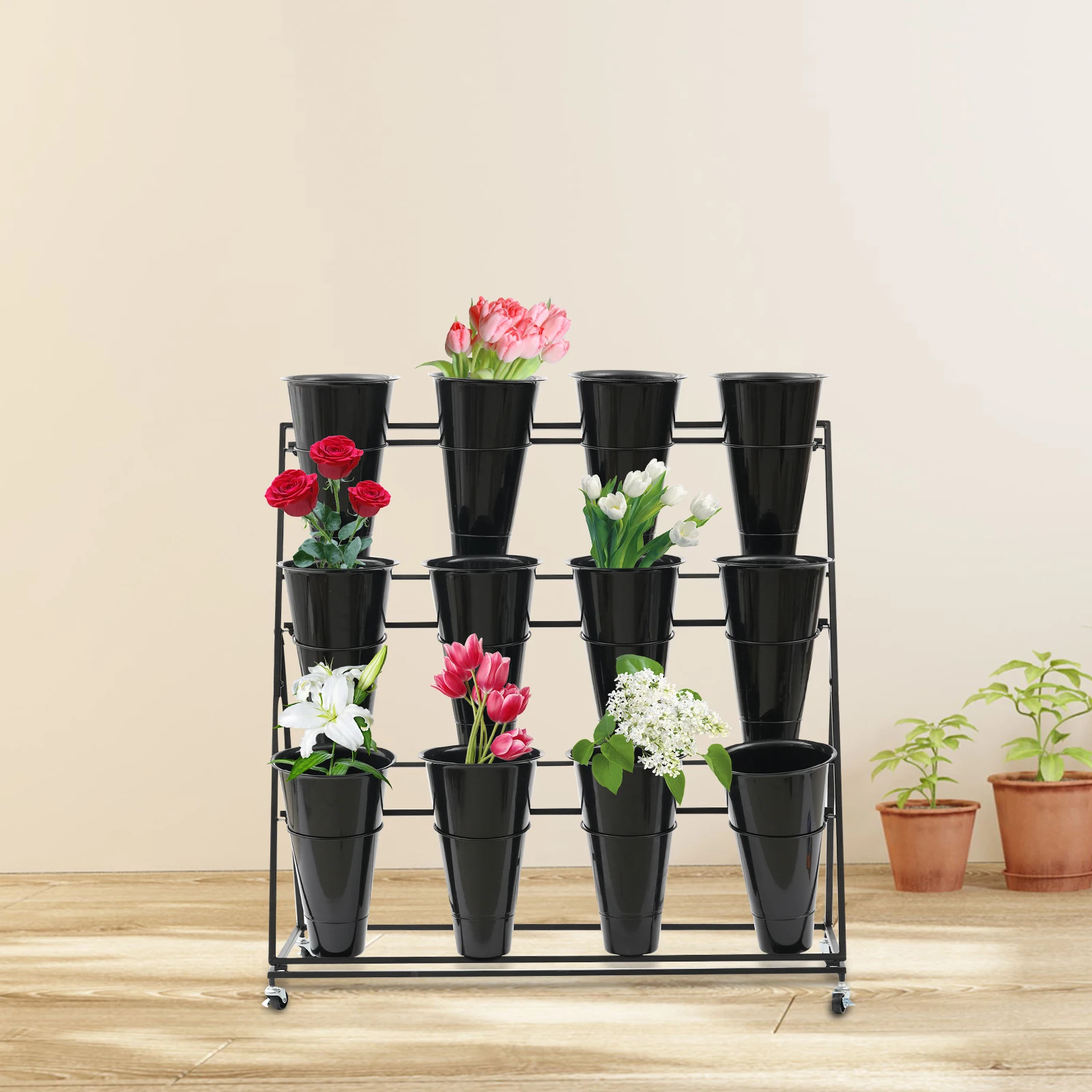 

Flower Display Shelf Iron Art 12 Buckets 3 Layers Flower Vase Rack Black