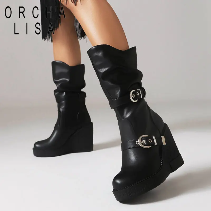 

ORCHA LISA Fashion Women Booty Round Toe Slip On Wedges 11cm Platform 2.5cm Buckles Metal Decoration Punk Boots Big Size 43 44