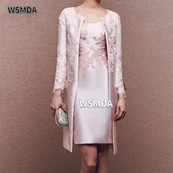 Lace Applique Mother of the Bride Dresses Elegant Pink Satin 2 Pieces Suit Jacket Knee Length Wedding Godmother Gowns