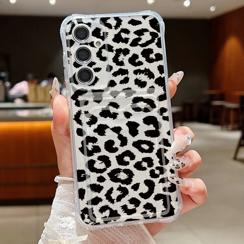 Leopard Print Clear Card Holder Phone Case Cover