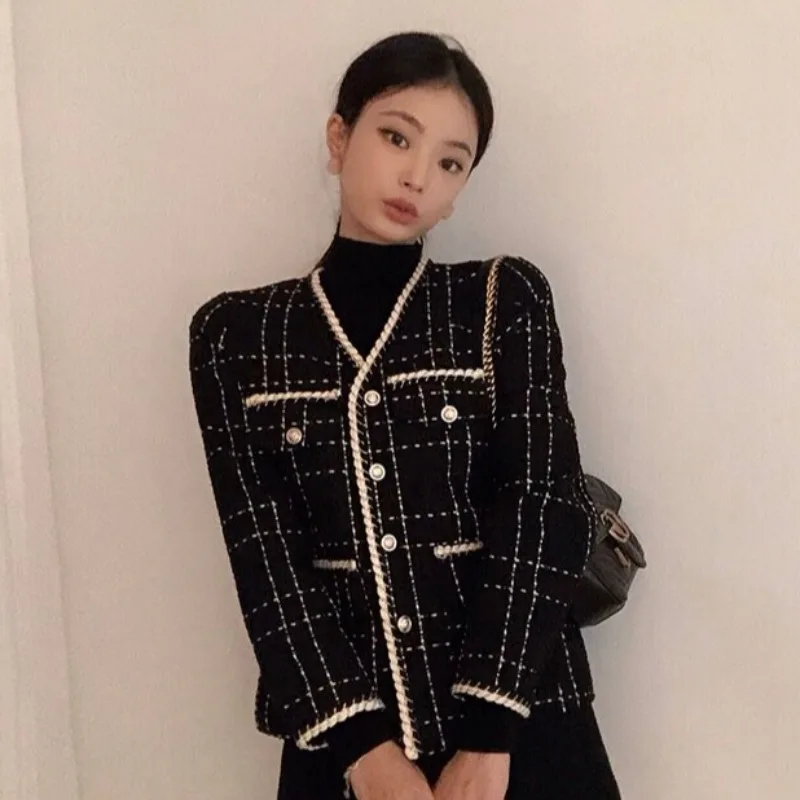 

French niche autumn dress vintage temperament small fragrance wind edge contrast color tweed suit short jacket woman