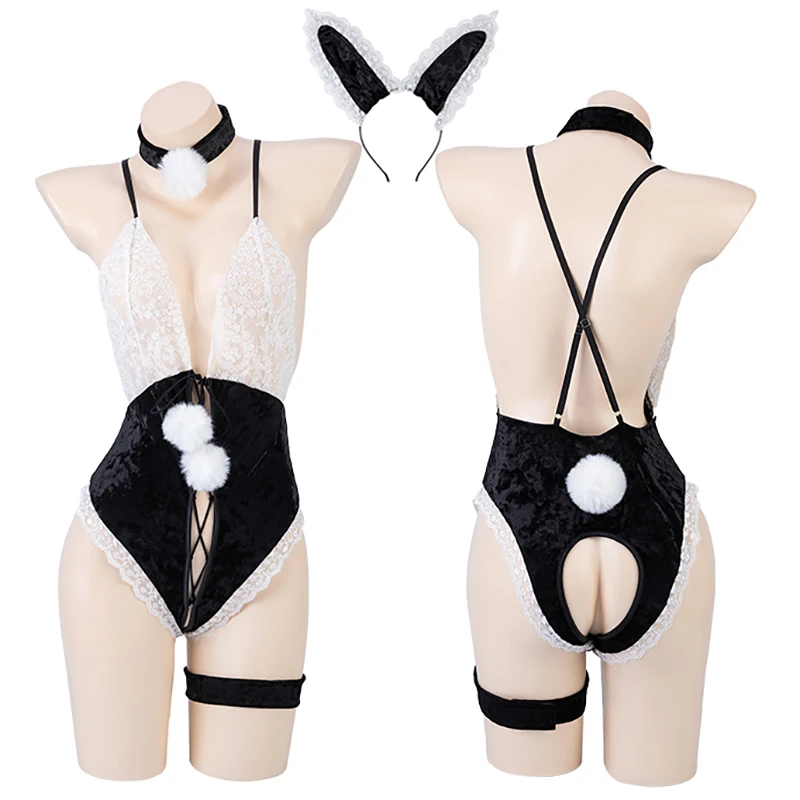 

Cute Bunny Girl Cosplay Costume Open Crotch Lace Bodysuit With Rabbit Ear Hairband Nightclub Role Play Sexy Lingerie