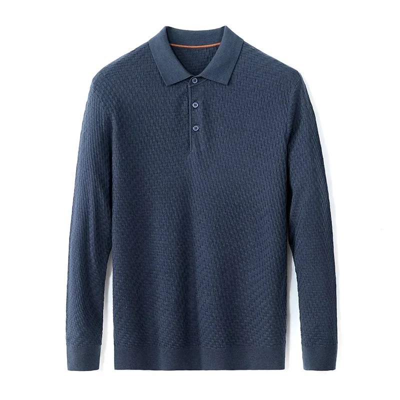 

Minglu Autumn Winter Cashmere Knitted Men's Polo Shirts Luxury Mulberry Silk Long Sleeve Solid Color Business Casual Man Tees