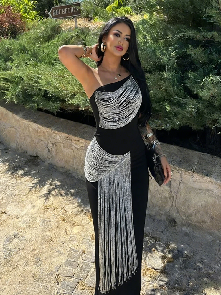 Kliou Quasten-Dekor Abendkleid Damen Unregelmäßiger Schräger Kragen Rückenfreies Ärmelloses Hochgeschnittenes Elegantes Langes Bodycon-Kleid – Detail 17