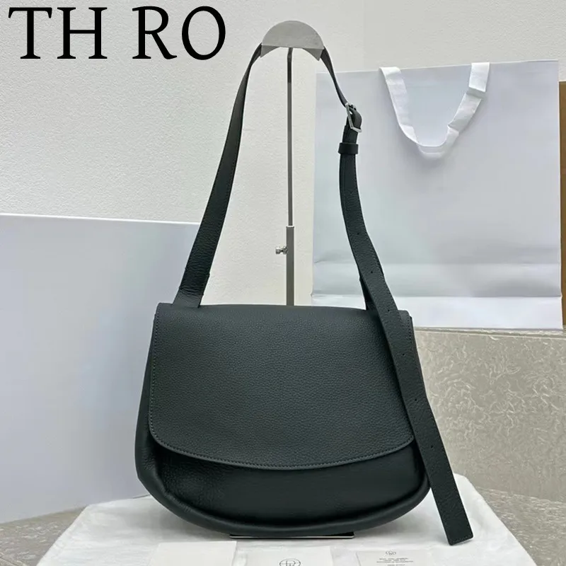 TH RO 2024 Women's Classic Black Diagonal Cross Magnetic Buckle Fashion Design Cowhide Postman Bag
