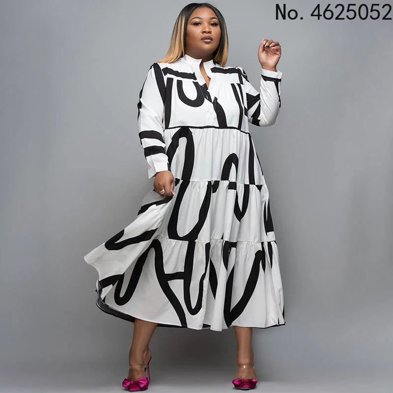 Elegant Printing Women Dress Plus Size 2022 Spring Long Sleeves Patchwork Pleats Charming Casual Party Dresses Club Streetwear african dress style