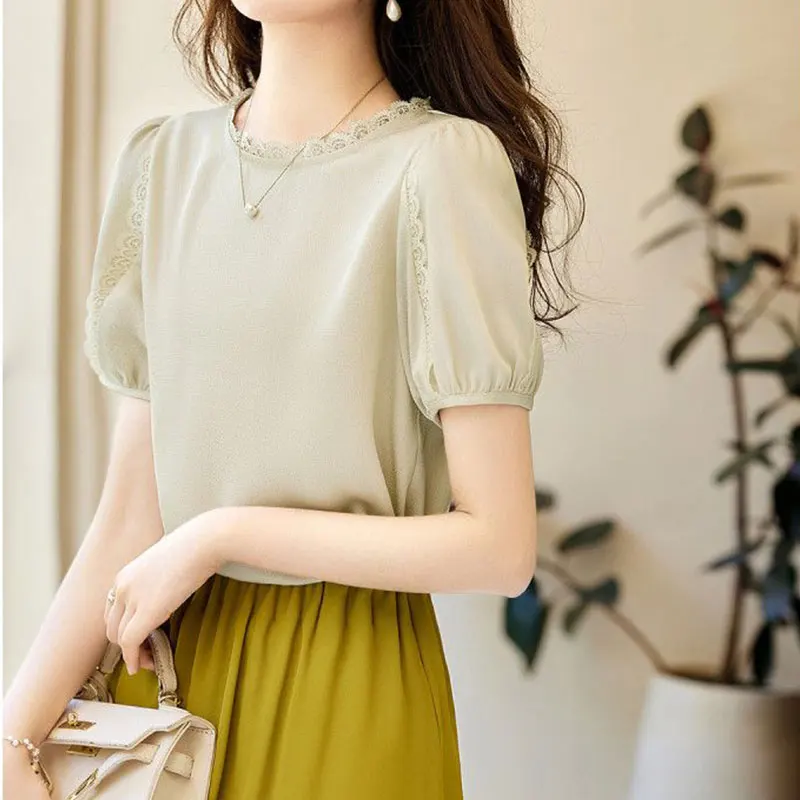 

Elegant Fashion Harajuku Slim Fit Female Clothes Loose Casual All Match Tshirts Solid Lace O Neck Insert Short Sleeve T-shirts