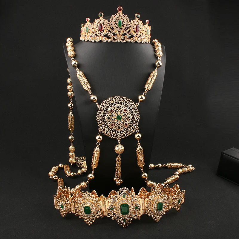 

Luxury Jewelry Set Arabian Women Wedding Jewelry Bridal Crown Shoulder Chain Necklace Moroccan Belt New in Necklace Bride Sets