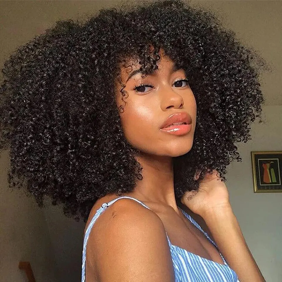 200% Density Afro Kinky Curly Wigs With Bangs Natural Color Machine Made Human Hair Wigs For Women Fuller Density Wear & Go Wigs