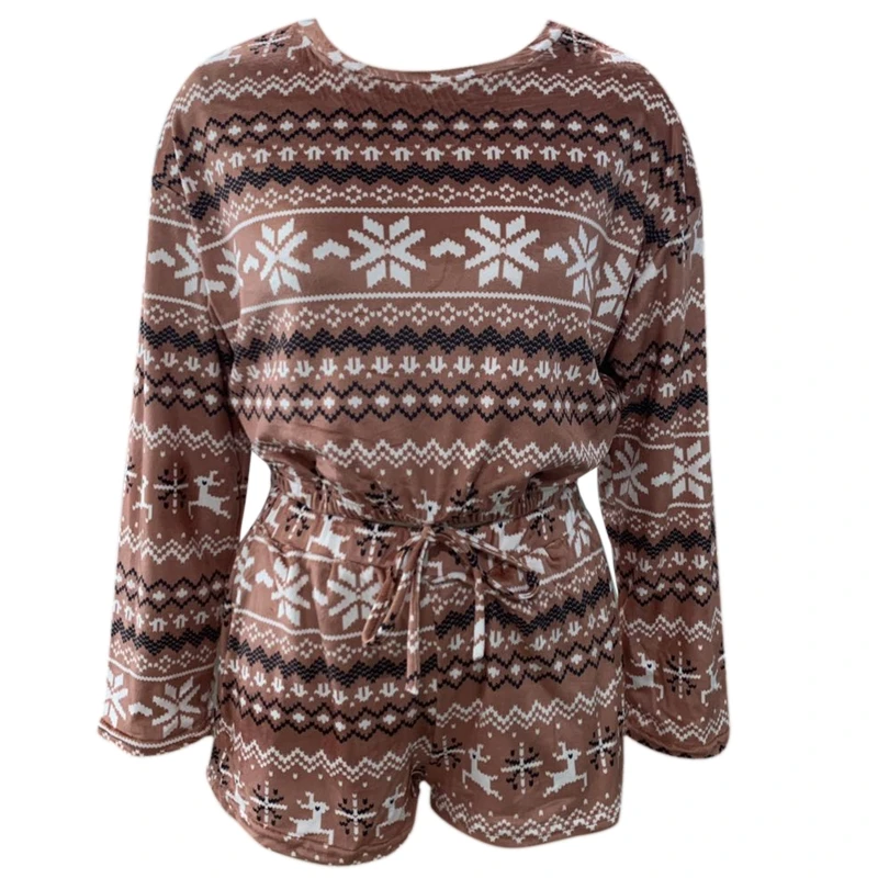 

Женский Рождественский пижамный комплект из двух предметов, короткий топ с длинным рукавом и круглым вырезом, со шнуровкой, свободные шорты, одежда для сна с принтом снежинок, домашняя одежда N7YE