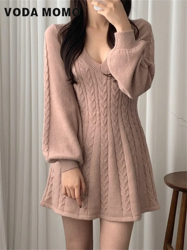 

Women Basic Spring Autumn Long Sleeves Knitted Dress Korean Fashion Vintage Daily Dress Solid Women Solid Mini Dress Y2K A Line