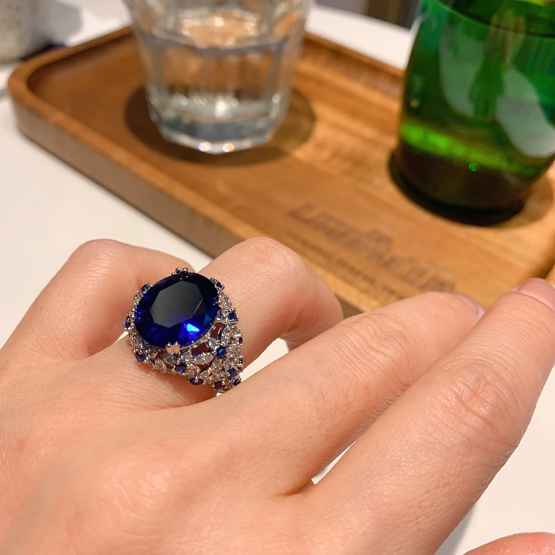 925 Sterling Silver Adjustable Opening Red Crystal Ring Sapphire Retro Luxurious Fashion For Women Jewelry Birthday Gift 12*14