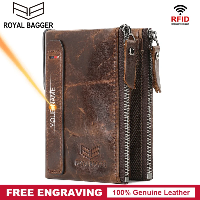 

Royal Bagger Short Wallet for Men Oil Wax Genuine Cow Leather RFID Blocking Card Holder Zipper Purse Retro Fashion Male Wallets