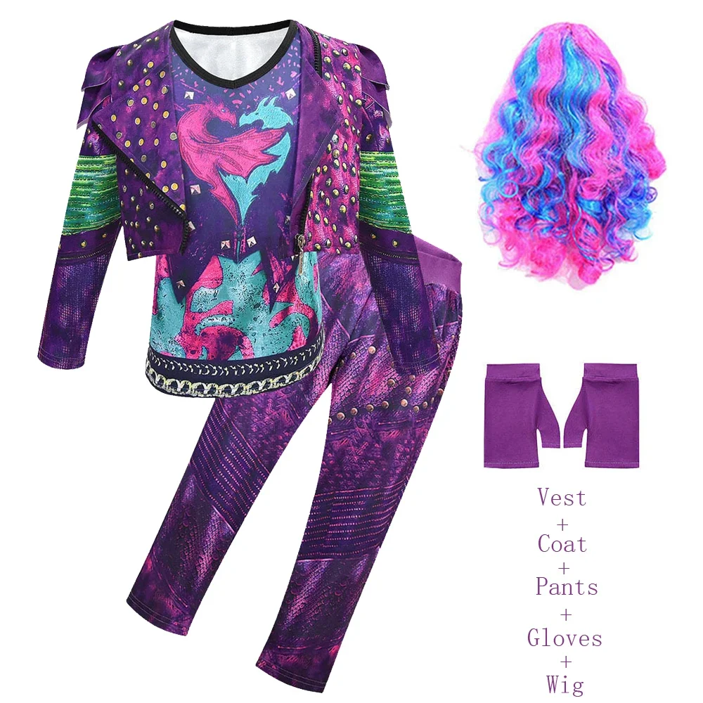 Movie D-Descendants 3 Mal Costume for Kids Girls Cosplay Evie Clothes Fantasia Carnival Halloween Fancy Dress Vest Wig Party Set cosplay costume kids girls dress