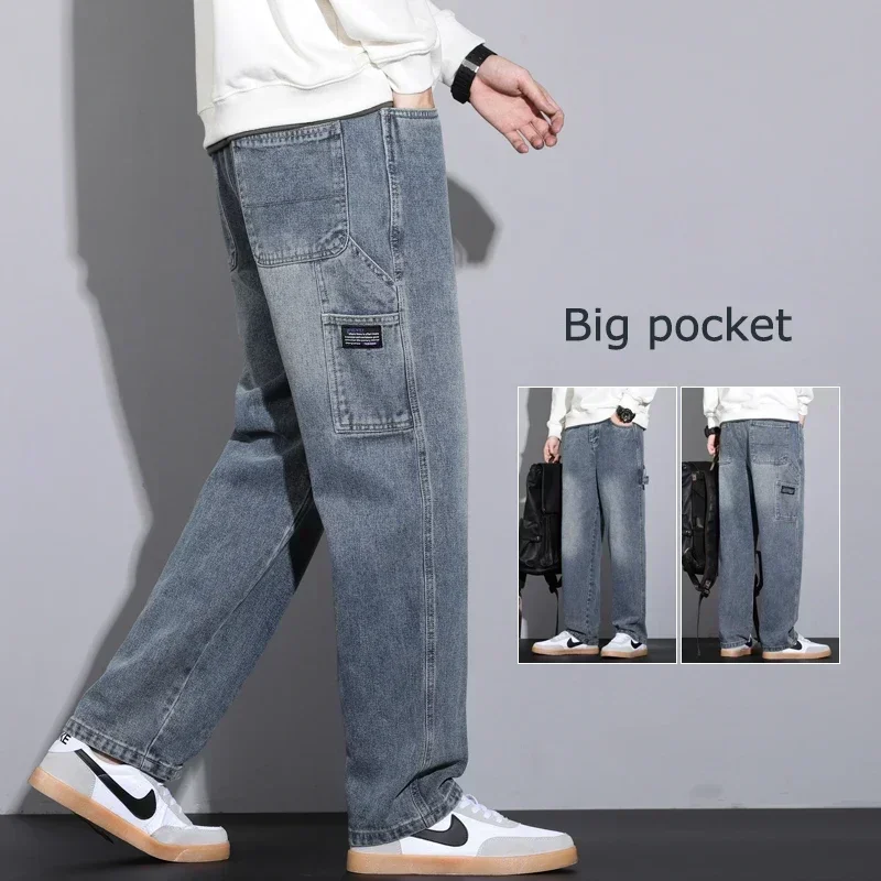 2024 New Autumn Men's Jeans Street Hip-hop Loose Straight Multi-pocket Workwear Denim Trousers Baggy Casual Splicing Trousers 3