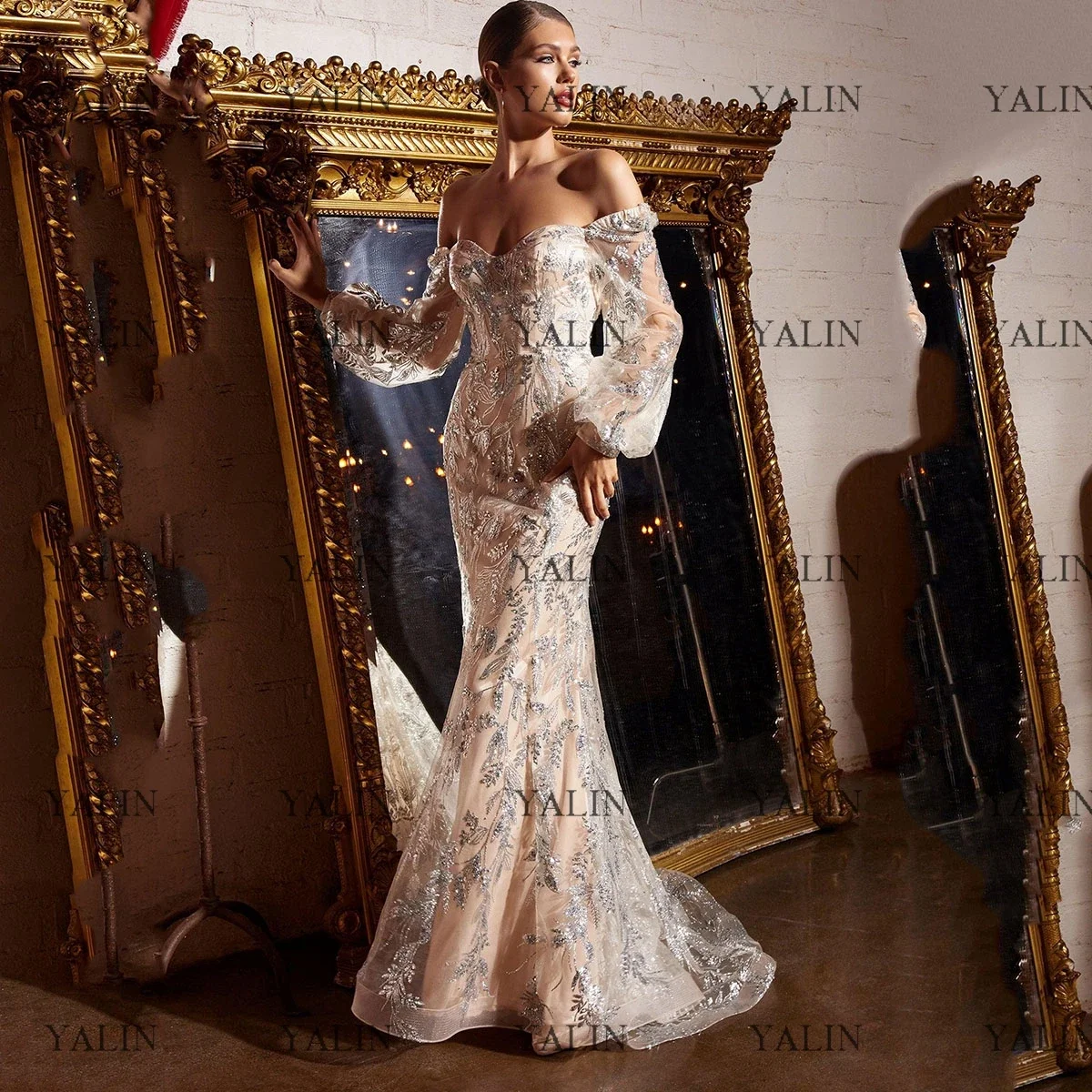 

YALIN Glitter Champagne Sheath Evening Dresses Sequined Appliques Puff Sleeve Celebrity Gown Off Shoudler Pageant Party