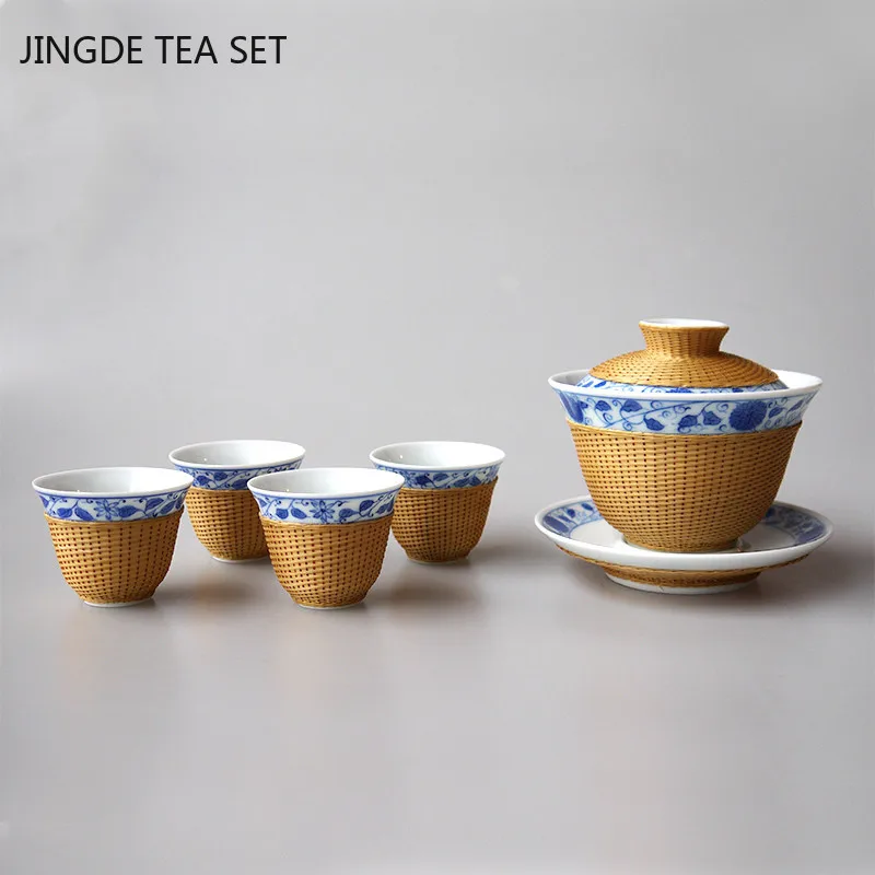 

Master Handmade Bamboo Woven Tea Set Chinese Blue and White Porcelain Gaiwan Household Boutique Ceramic Teacup Customized Gifts