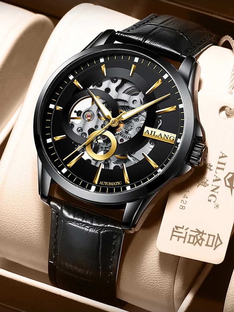 

AILANG Fashion Men Automatic Mechanical Watch Skeleton Steampunk Mens Self Winding Wrist Watches Men Leather Band Reloj Relogio