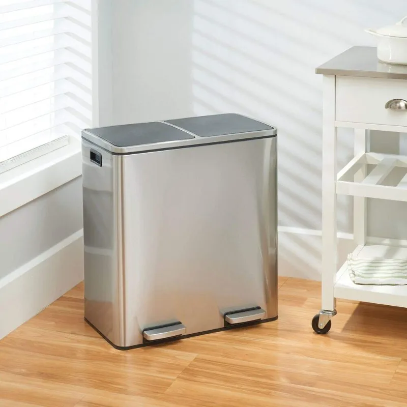 mDesign Metal Steel 16 Gallon/60-Liter, Dual Compartment Step Trash Can; Double Bin Trash Can/Recycler Combo for Kitchen 2