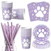 Purple Puppy Paw Birthday Party Decoration Disposable Tableware Black Dog Paw Straws Cup Plate Kids Favor Gifts Party Supplies