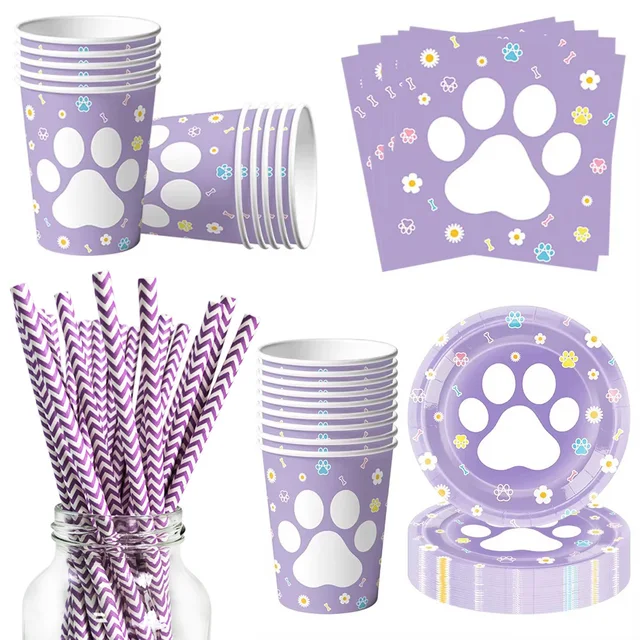 Purple Puppy Paw Birthday Party Decoration Disposable Tableware Black Dog Paw Straws Cup Plate Kids Favor Gifts Party Supplies