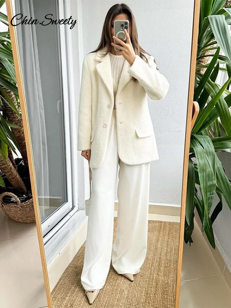 White Mohair Blazer Coat Women Loose Lapel Single-breasted Long Sleeve Thick Warm Jackets 2025 New Office Lady Street Outerwear