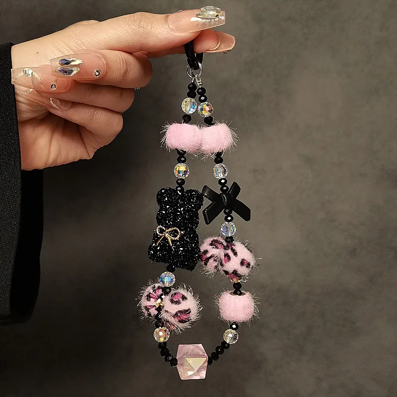 Cartoon Crystal Bear Plush Ball Luxury Wrist Chain with Beaded Lanyard