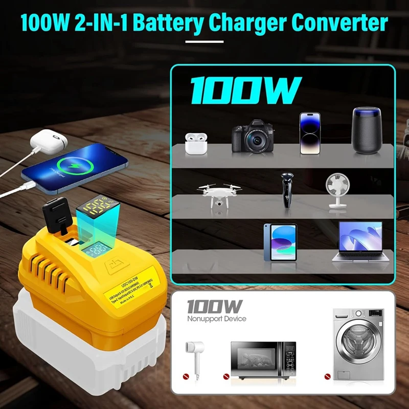 Dewalt 20V 배터리, 교체용 DCB094, QC3.0 Type-C 및 USB 포트 양방향용 AD33 HOT 100W USB 벽 충전 키트 어댑터