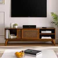 59 Inch Mid Century Modern TV Stand with Rattan Cabinet Doors, Boho TV Stand for 65 Inch TVs, Living Room/Bedroom TV Stand 1