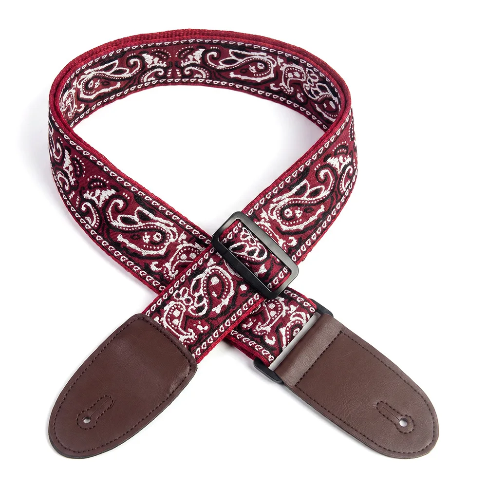 Embroidered Adjustable Guitar Strap with Leather Ends