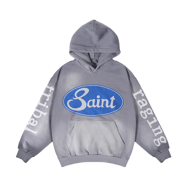 

2023 SAINTM American Fashion Vintage Made Old Wash Watermark Flower High Street Men's and Women's Loose Hoodie