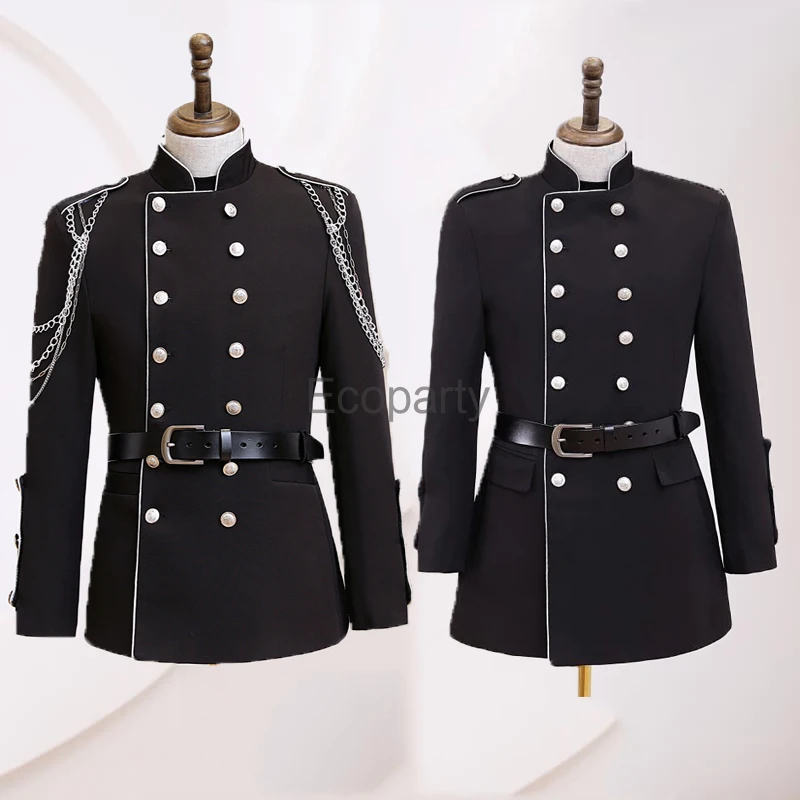 

Мужской Блейзер в стиле стимпанк, черный двубортный пиджак с воротником-стойкой и поясом, пальто в стиле панк на цепочке, костюм для косплея певицы, для сцены, выпускного вечера